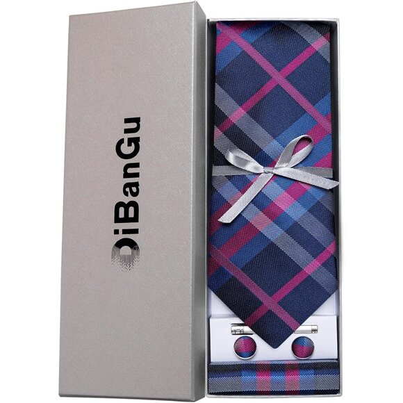 🆕Men Blue Plaid Silk Checkered Necktie Pocket Square Cufflinks Tie Clip Set - Picture 4 of 6